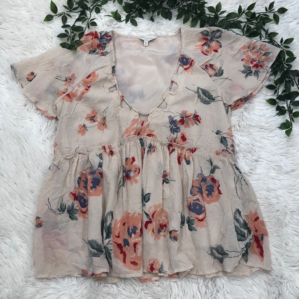 Lucky Brand Cream Floral Peplum Top with Pink and Blue Flowers